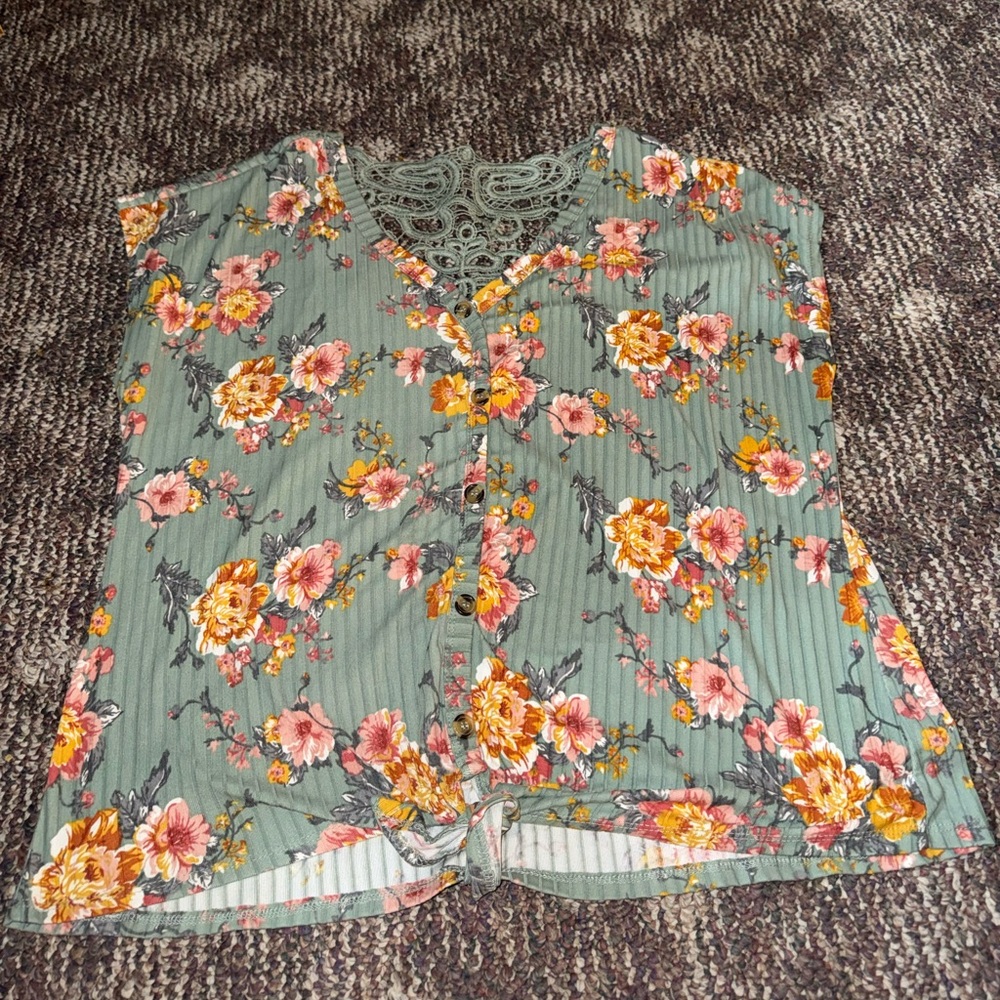 Bobbie Brooks Floral Button-Up Blouse - Green and Orange